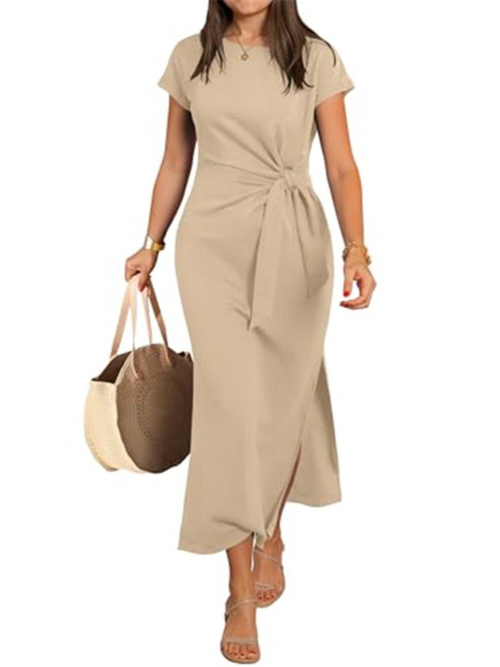Women's Summer Wrinkle-Free Maxi Dress Crew Neck Tie Waist Split Fit Long Dress